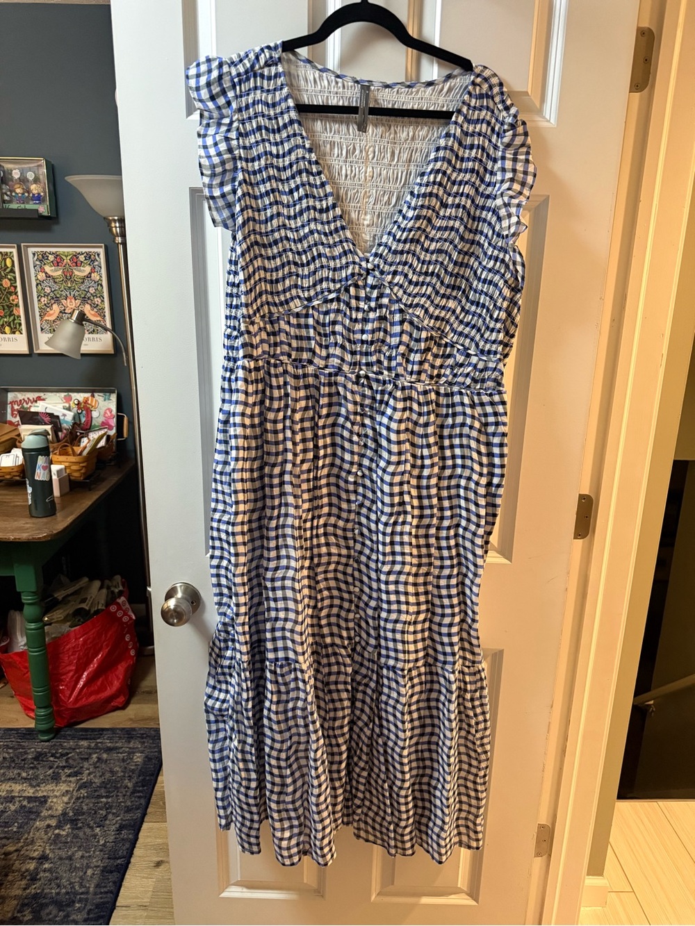 Anthropologie Blue and White Gingham Maxi Dress with V-Neck